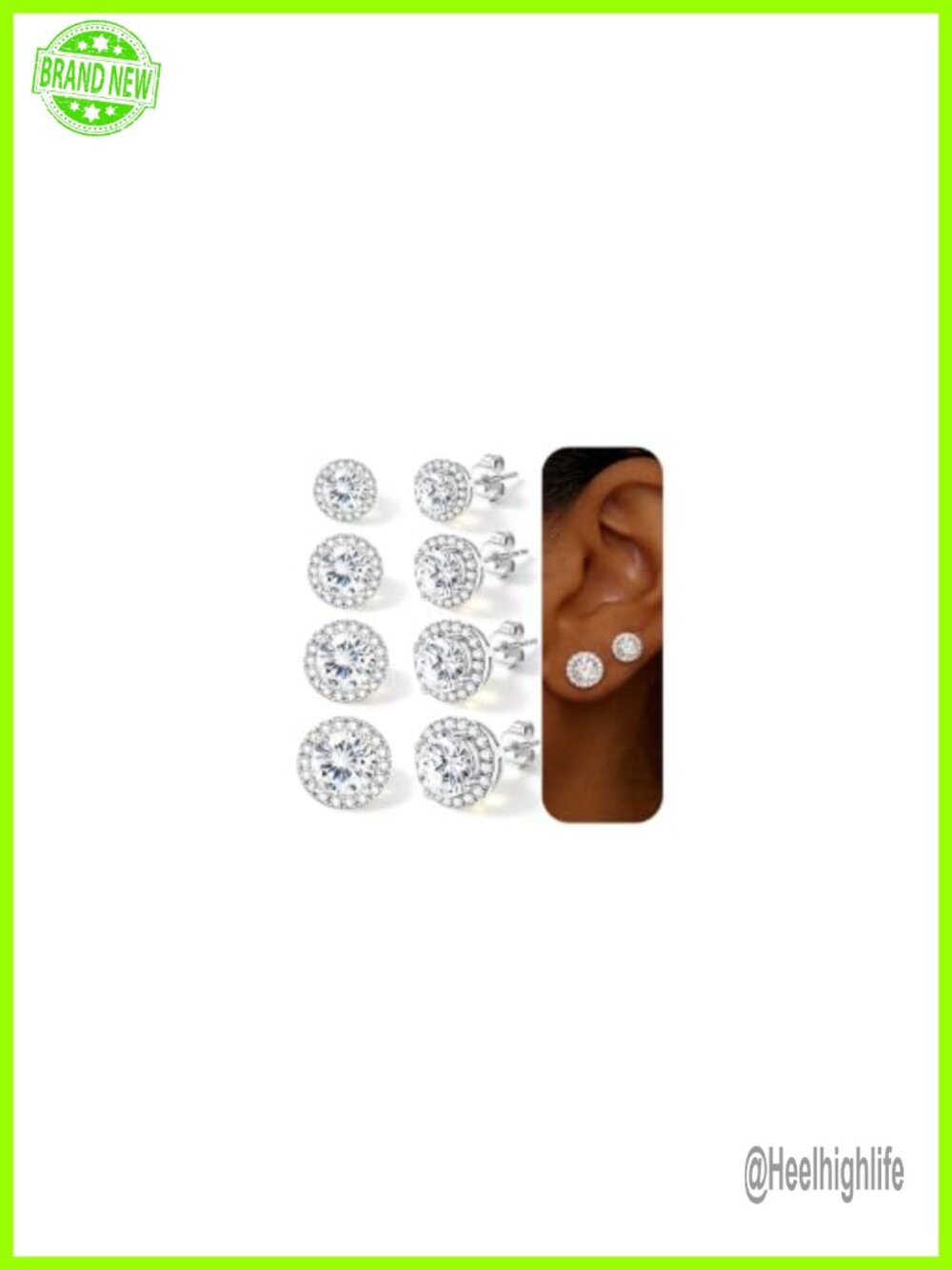 4 Pairs Silver Stud Earrings Women Men 18K Silver Plated Cubic Zirconia Halo